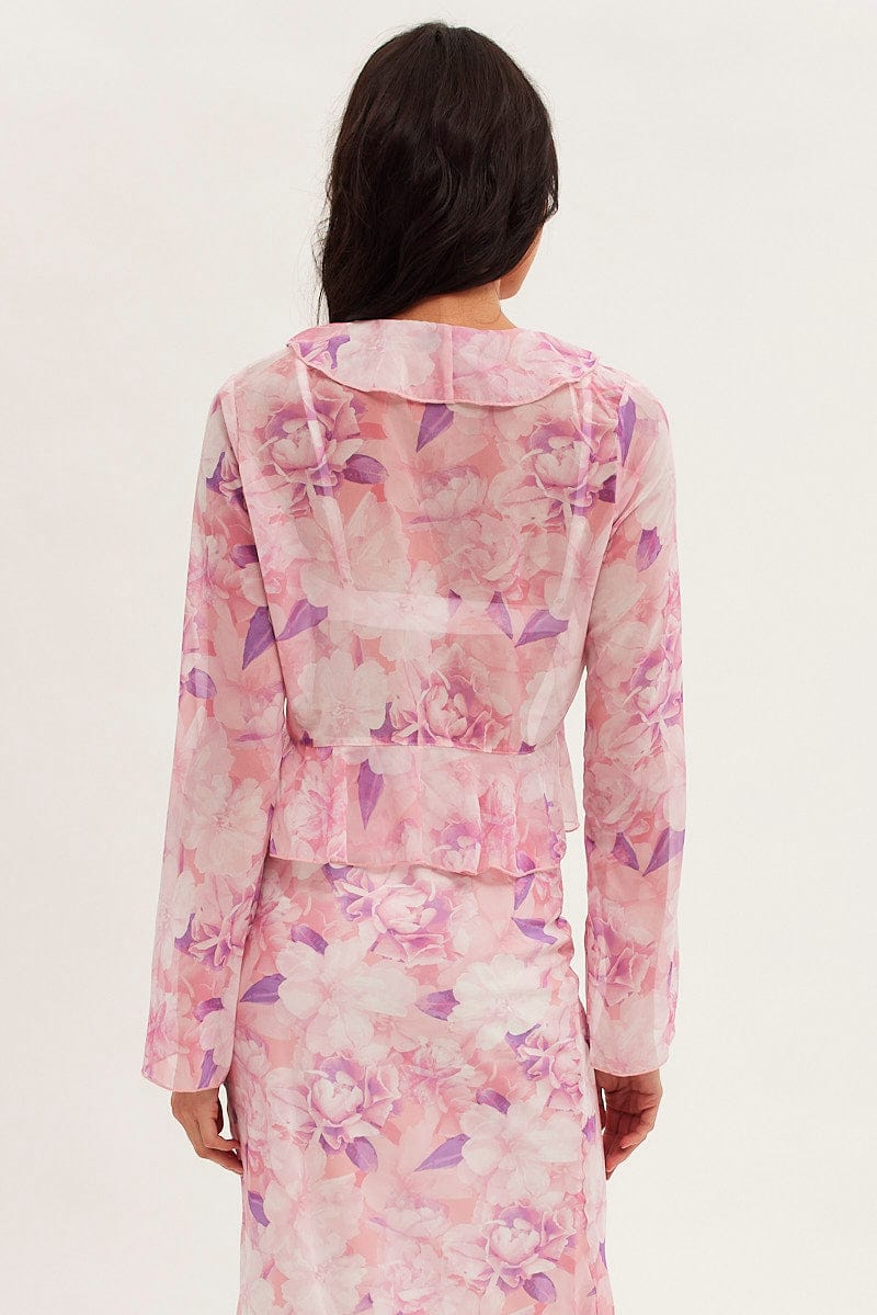 Pink Floral Bolero Flare Long Sleeve V Neck Floral Chiffon for Ally Fashion