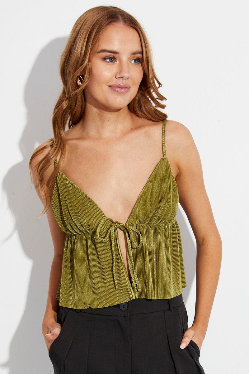 Green Plisse Top Sleeveless Tie Front for Ally Fashion