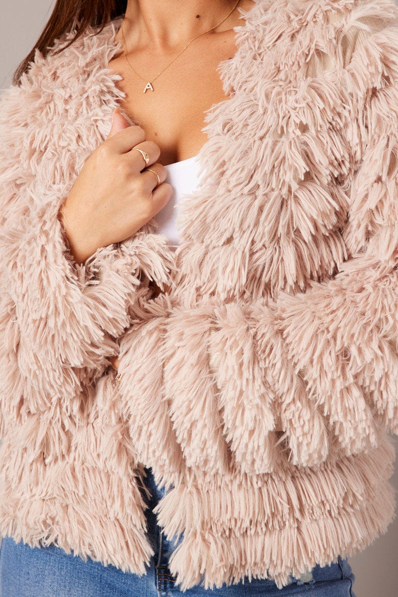 Beige Shag Faux Fur Jacket for Ally Fashion