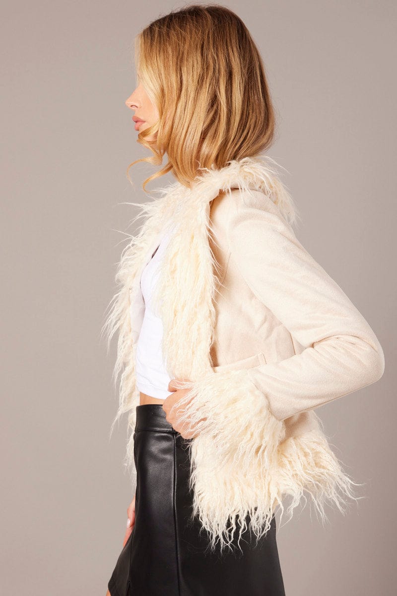 Beige Faux Fur Jacket Long Sleeves for Ally Fashion