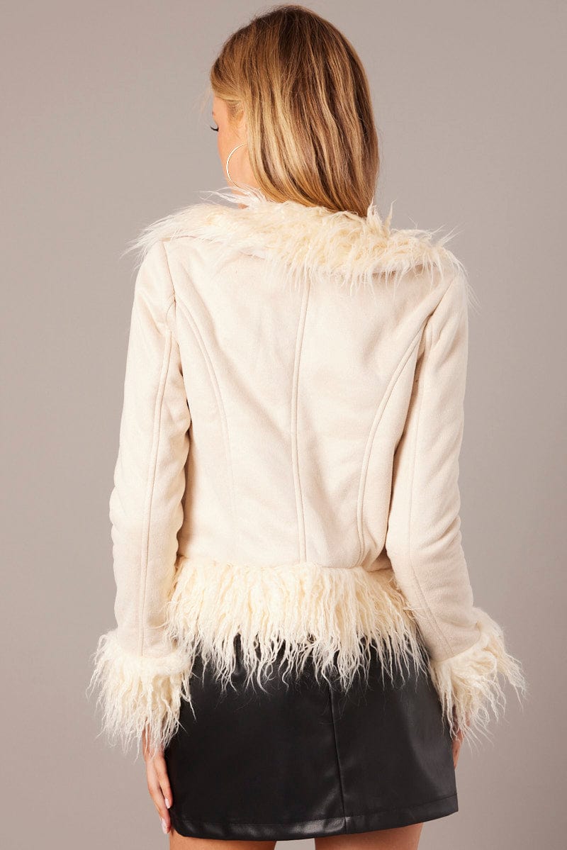 Beige Faux Fur Jacket Long Sleeves for Ally Fashion