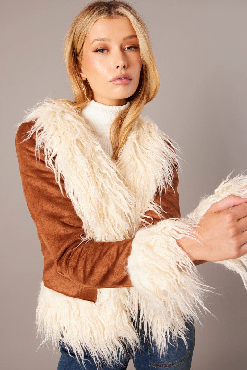 Brown Faux Fur Jacket Long Sleeves for Ally Fashion