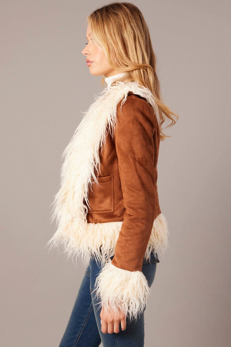 Brown Faux Fur Jacket Long Sleeves for Ally Fashion