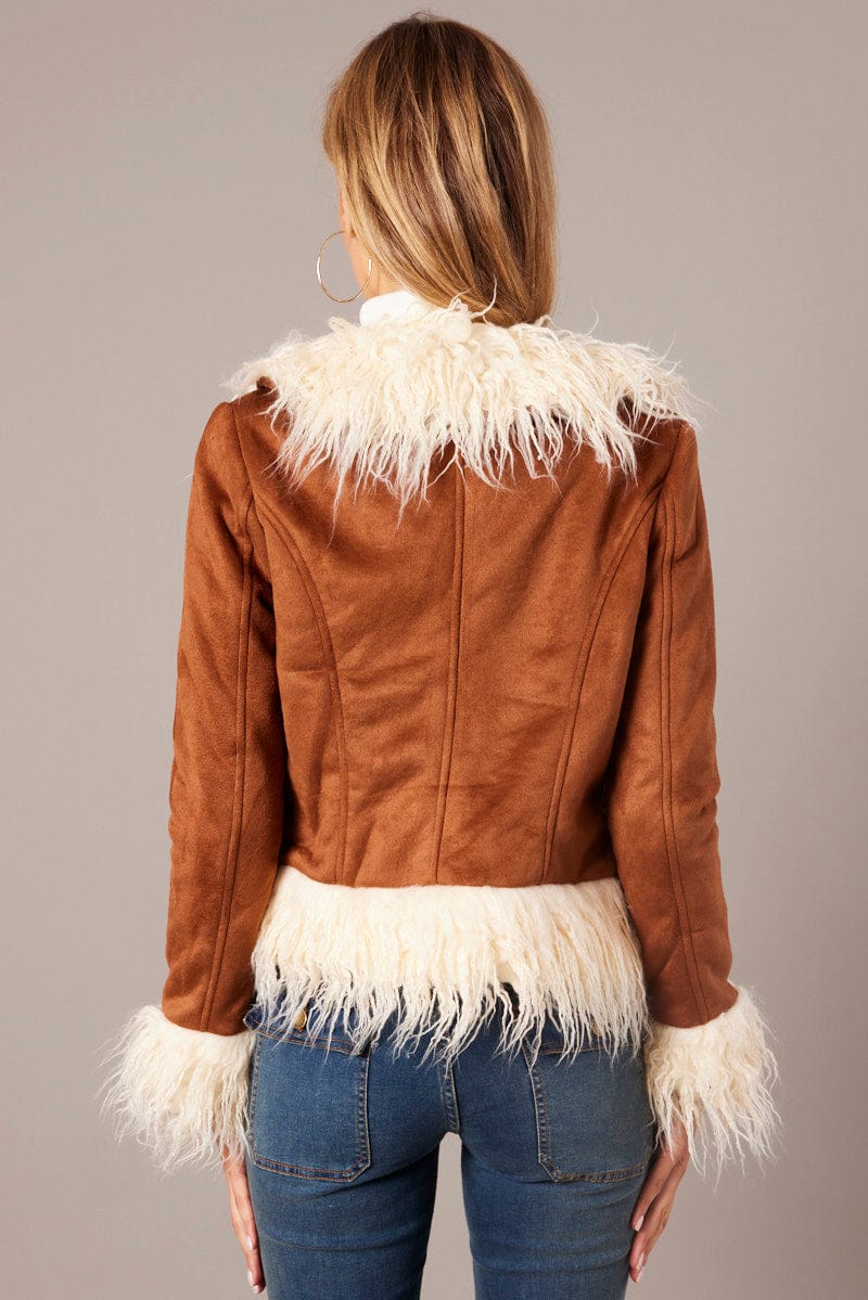 Brown Faux Fur Jacket Long Sleeves for Ally Fashion