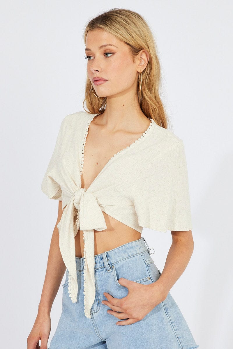 Beige Tie Up Top Short Sleeve Linen for Ally Fashion