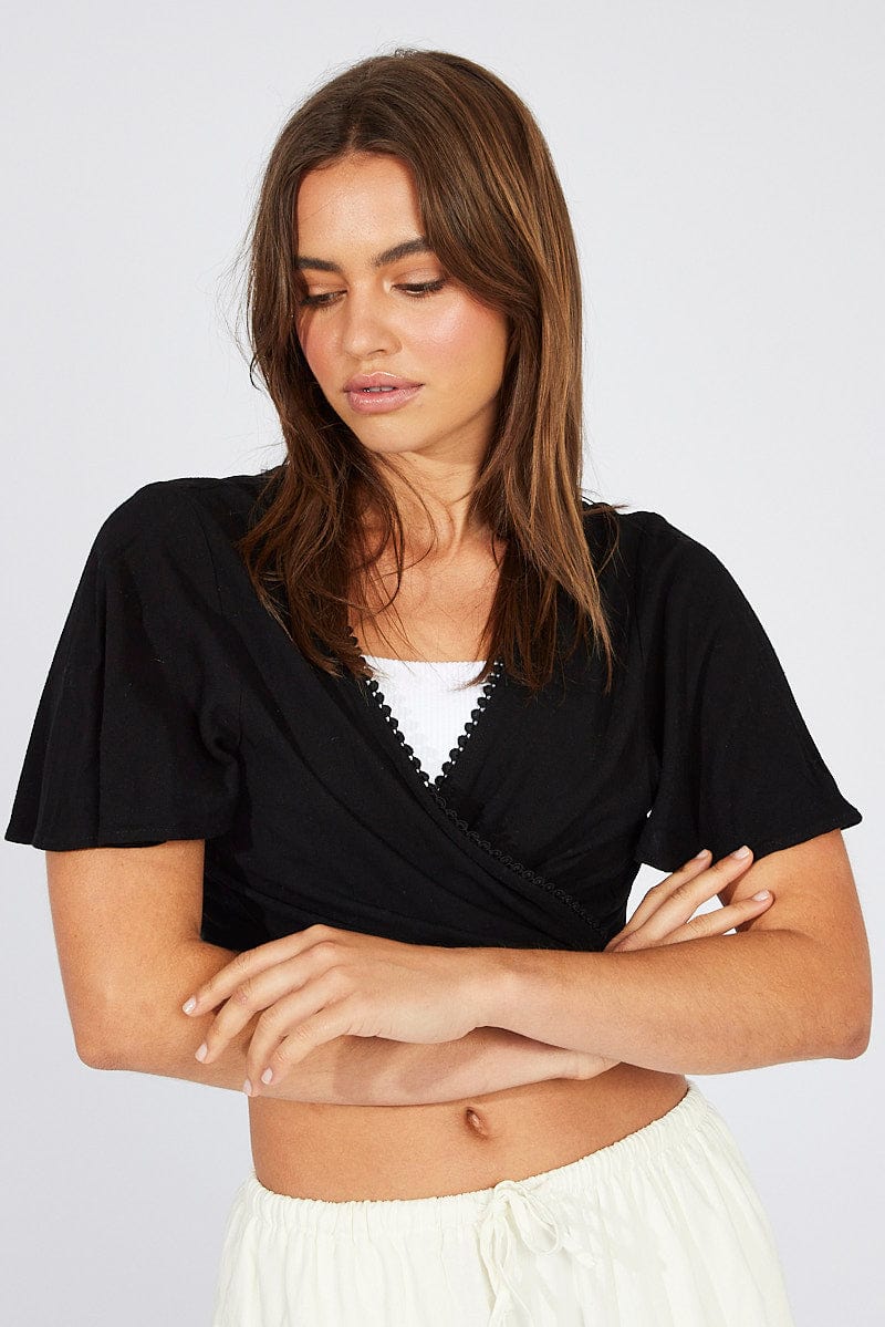 Black Tie Up Top Short Sleeve Linen for Ally Fashion