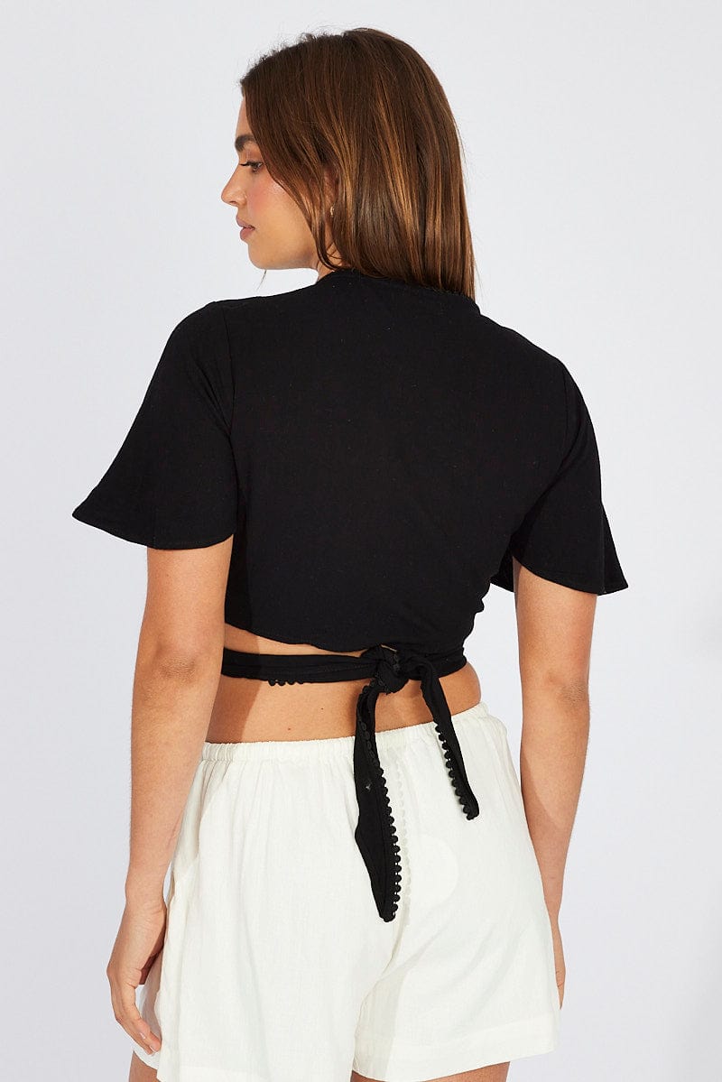 Black Tie Up Top Short Sleeve Linen for Ally Fashion