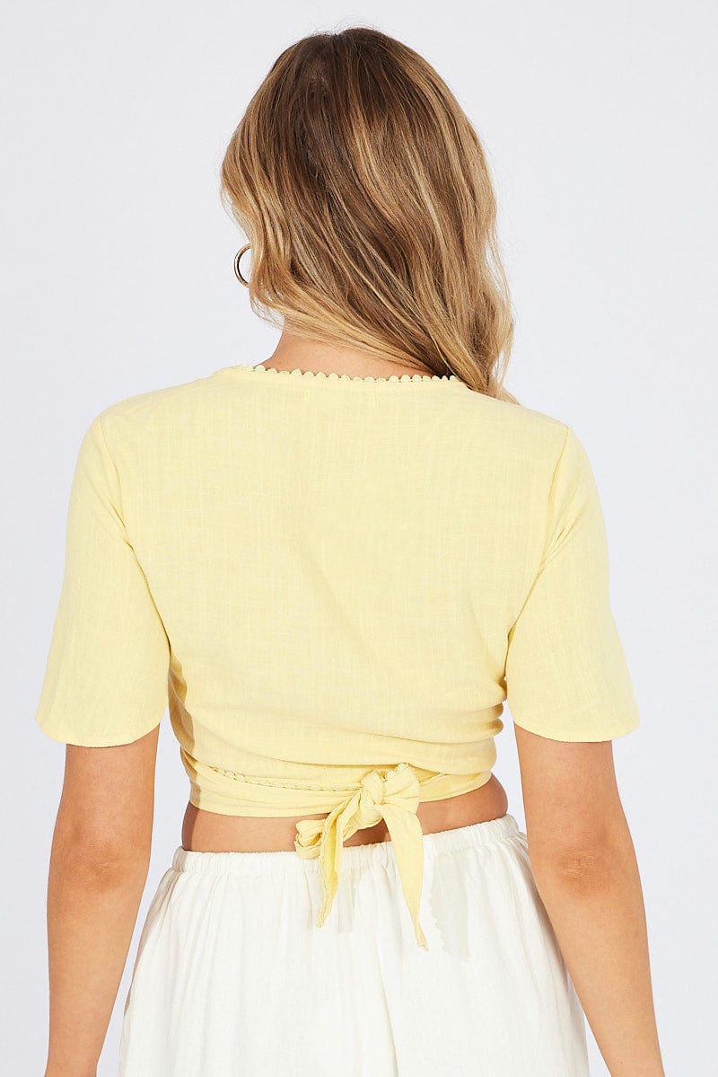 Yellow Tie Up Top Short Sleeve Linen for Ally Fashion