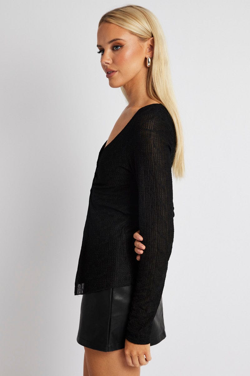 Black Textured Top Long Sleeve for Ally Fashion