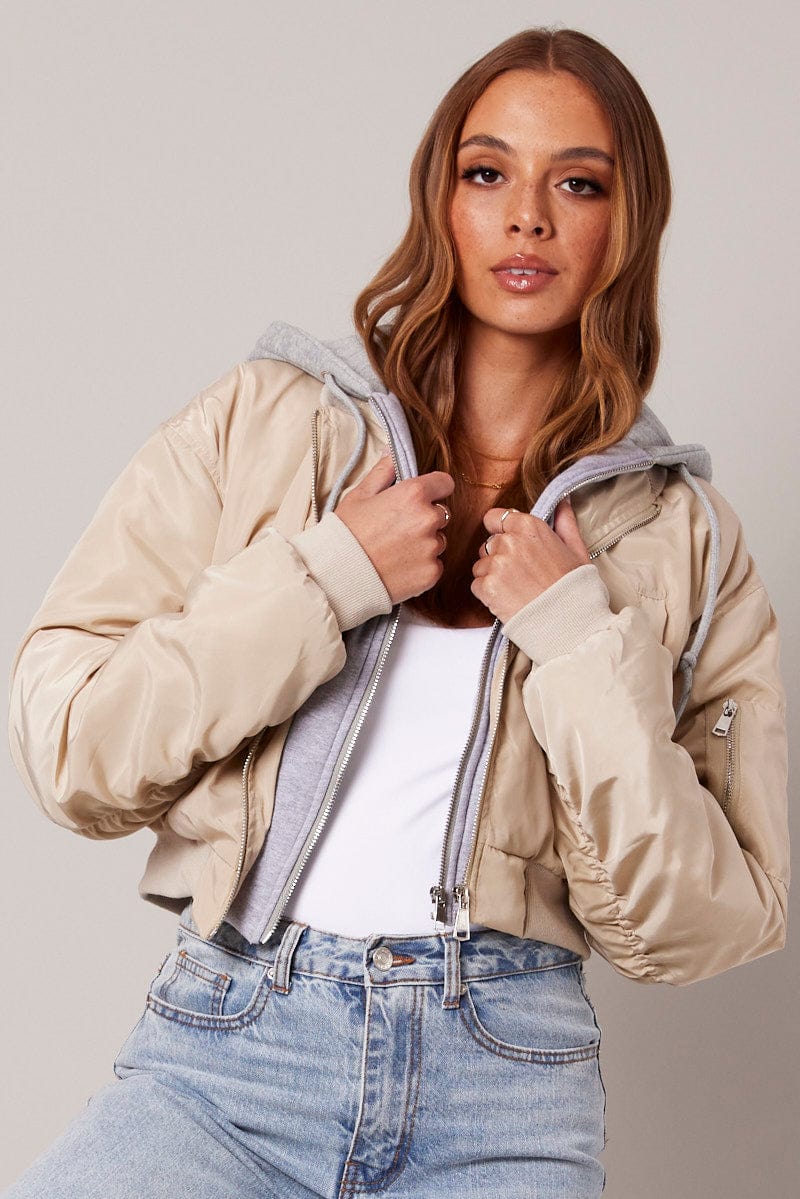 Beige Hoodie Bomber Jacket for Ally Fashion