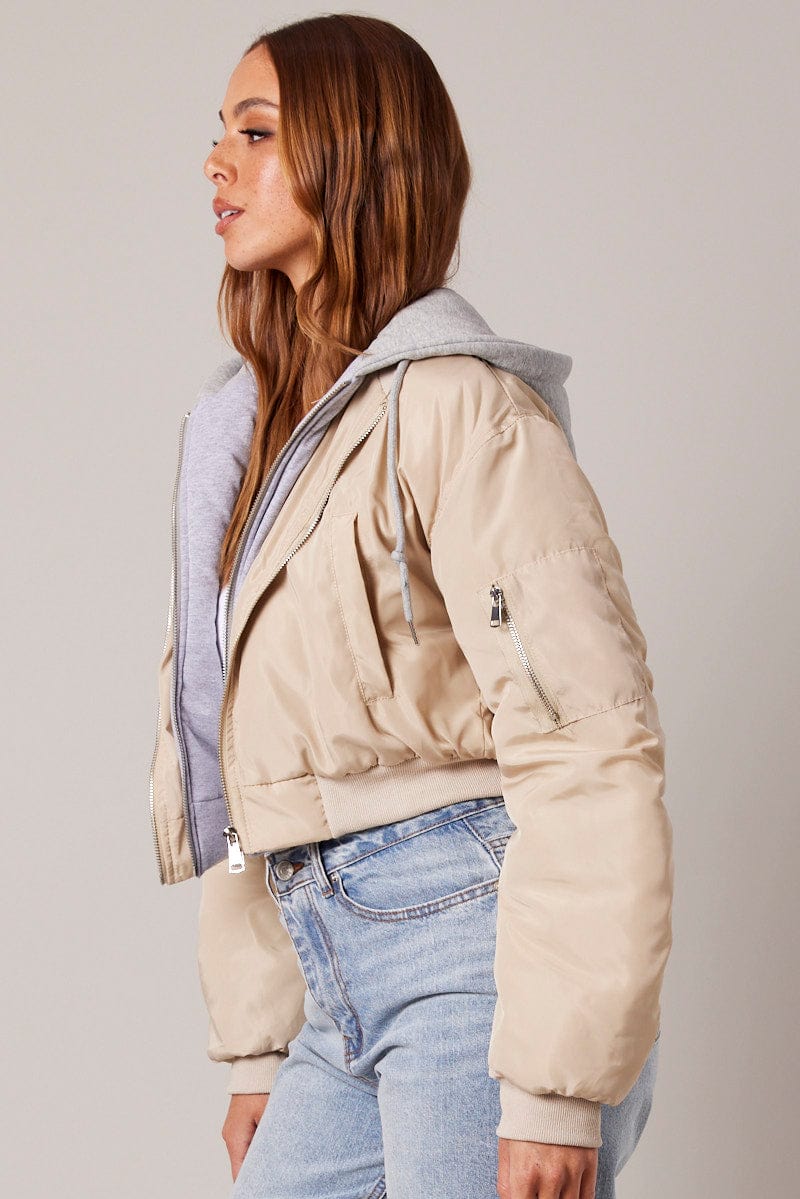 Beige Hoodie Bomber Jacket for Ally Fashion