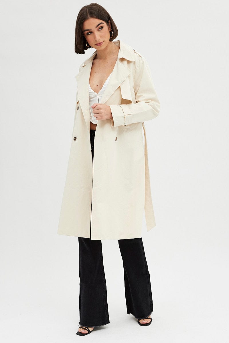 Beige Trench Coat Long Sleeves Cotton | Ally Fashion