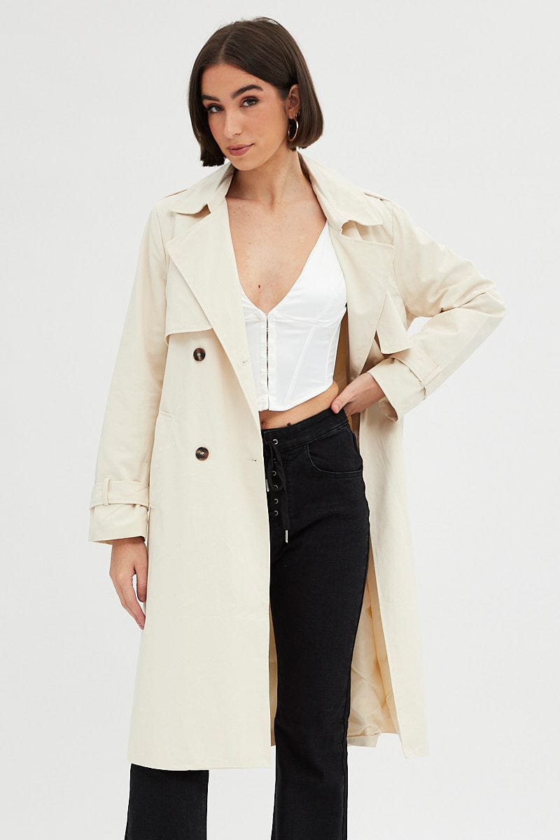 Beige Trench Coat Long Sleeves Cotton for Ally Fashion