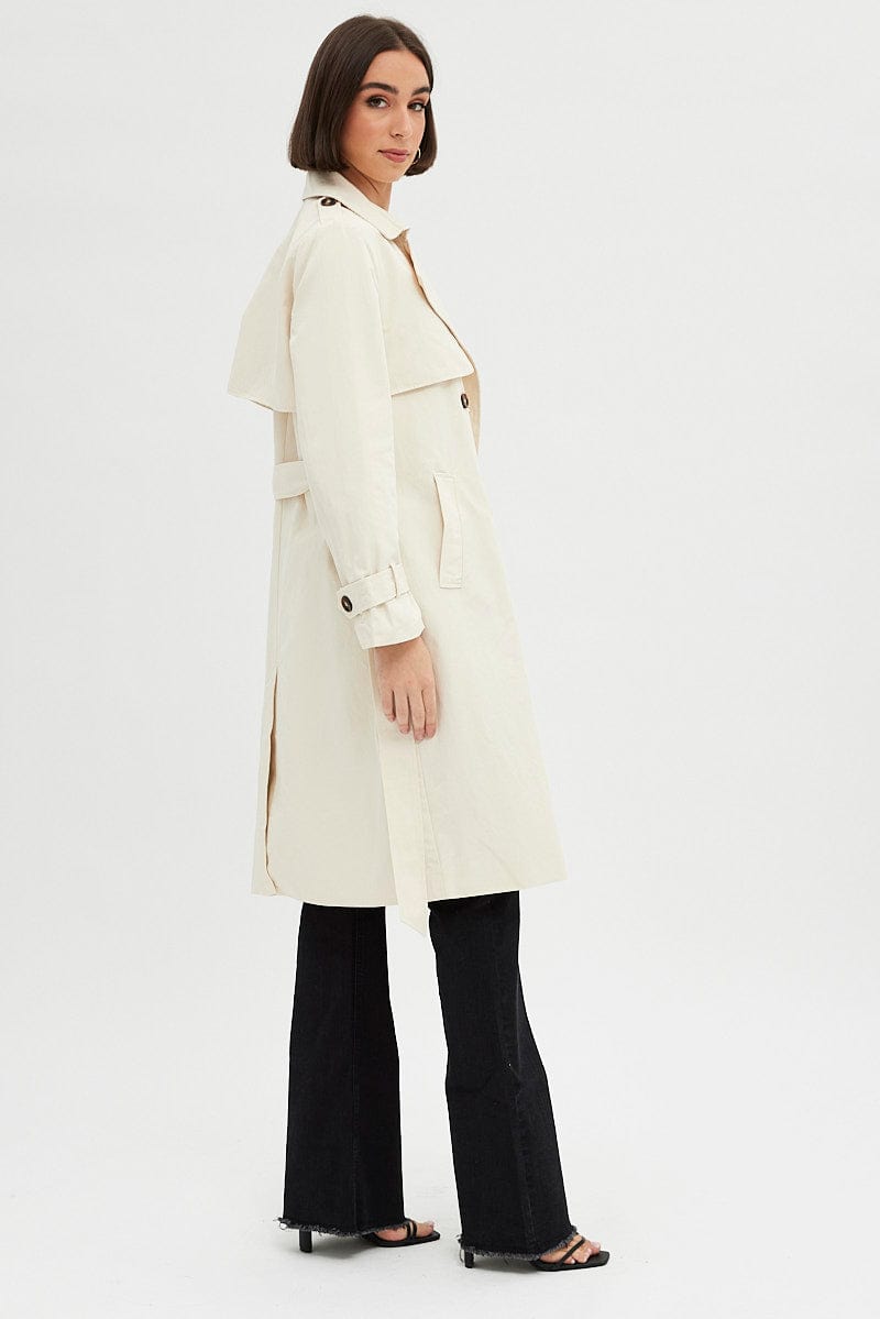 Beige Trench Coat Long Sleeves Cotton for Ally Fashion