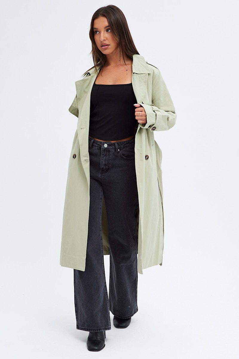 Green Trench Coat Long Sleeves Cotton for Ally Fashion