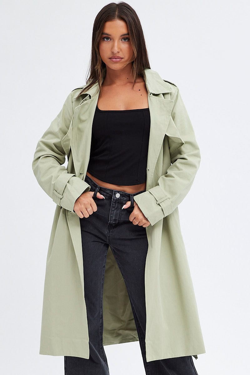 Green Trench Coat Long Sleeves Cotton | Ally Fashion
