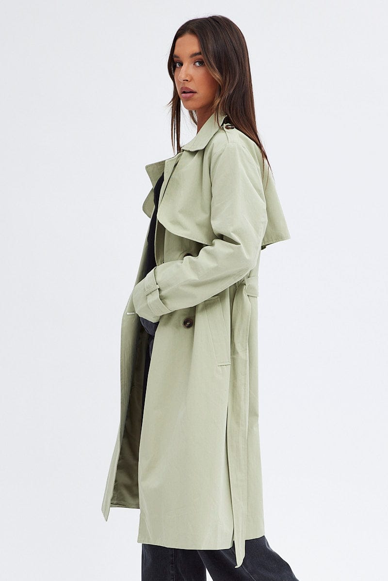 Green Trench Coat Long Sleeves Cotton | Ally Fashion