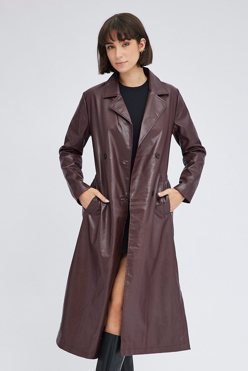 Brown Trench Coat Long Sleeves Faux Leather for Ally Fashion