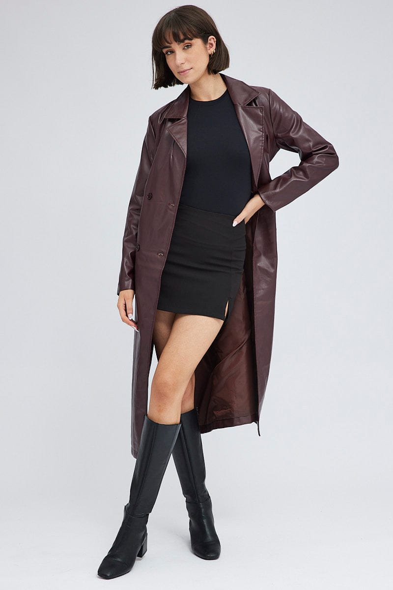 Brown Trench Coat Long Sleeves Faux Leather for Ally Fashion