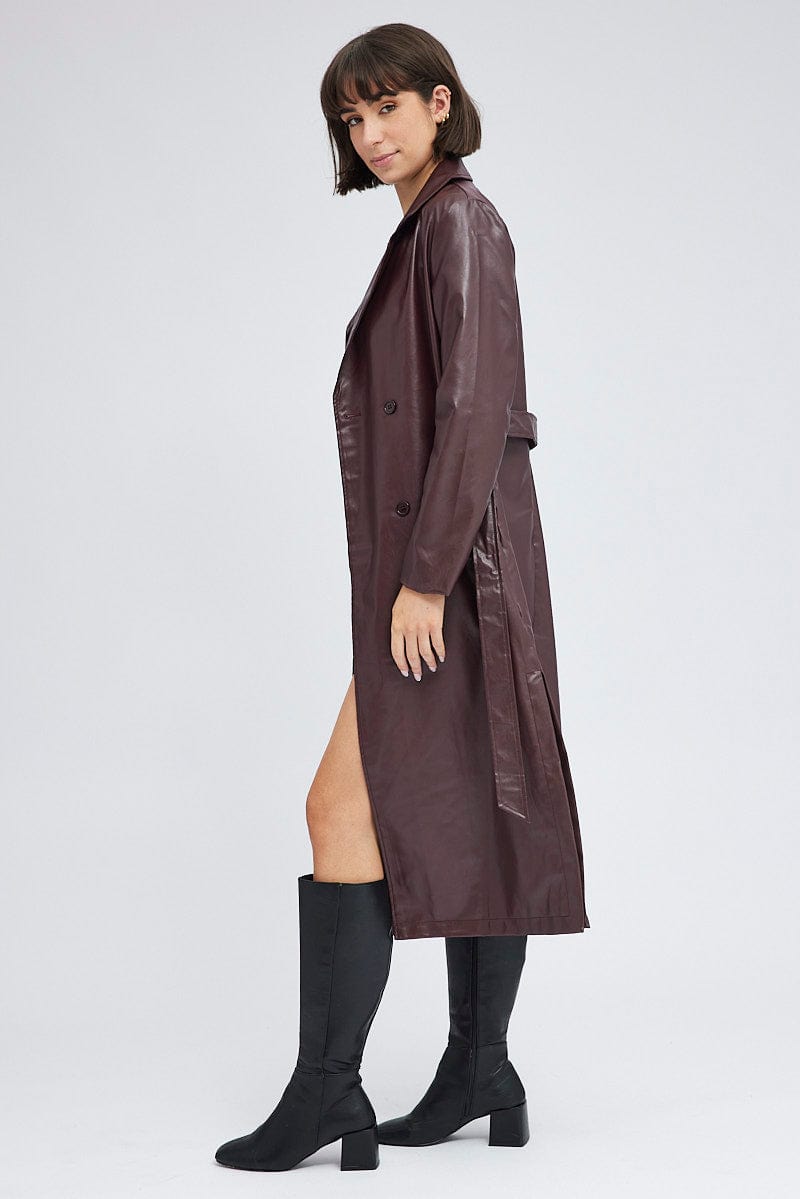 Brown Trench Coat Long Sleeves Faux Leather for Ally Fashion