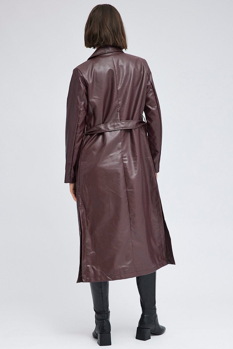 Brown Trench Coat Long Sleeves Faux Leather for Ally Fashion