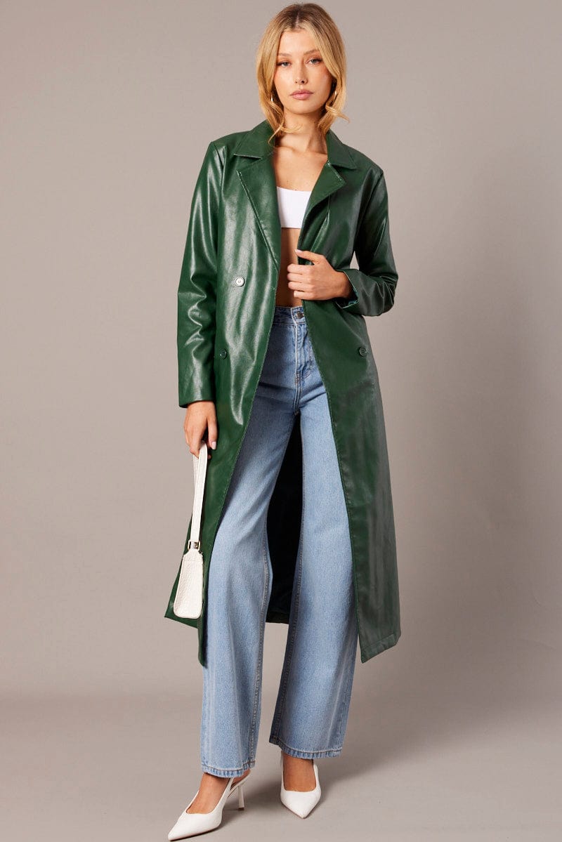 Green Trench Coat Long Sleeves Faux Leather Ally Fashion