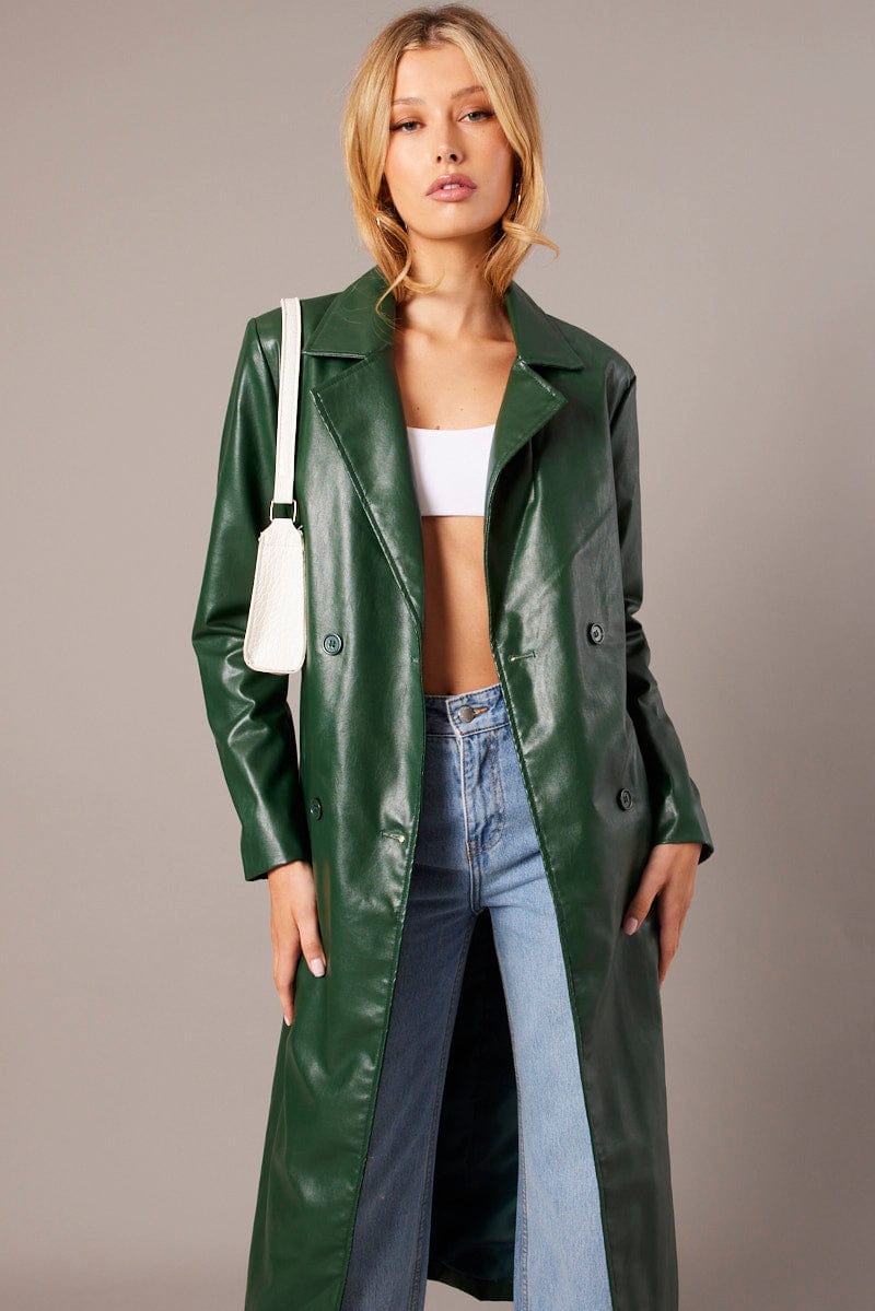 Green Trench Coat Long Sleeves Faux Leather for Ally Fashion