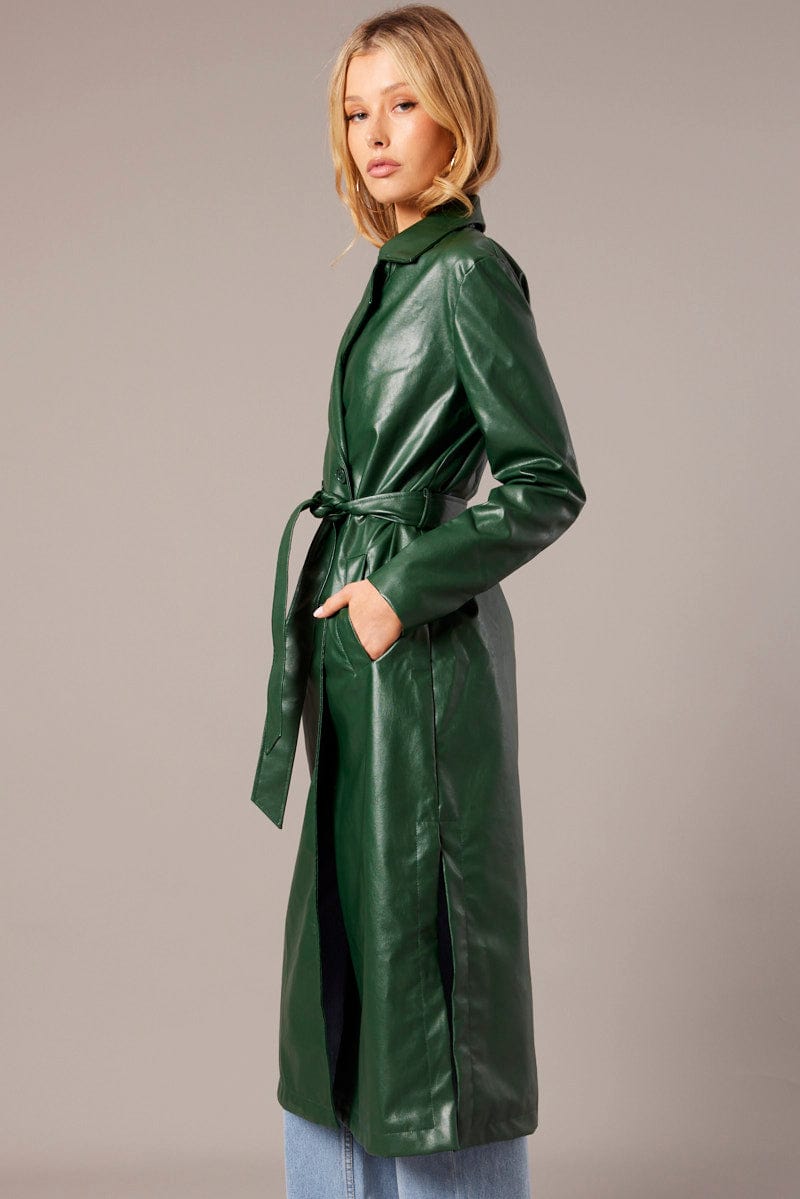 Green Trench Coat Long Sleeves Faux Leather for Ally Fashion