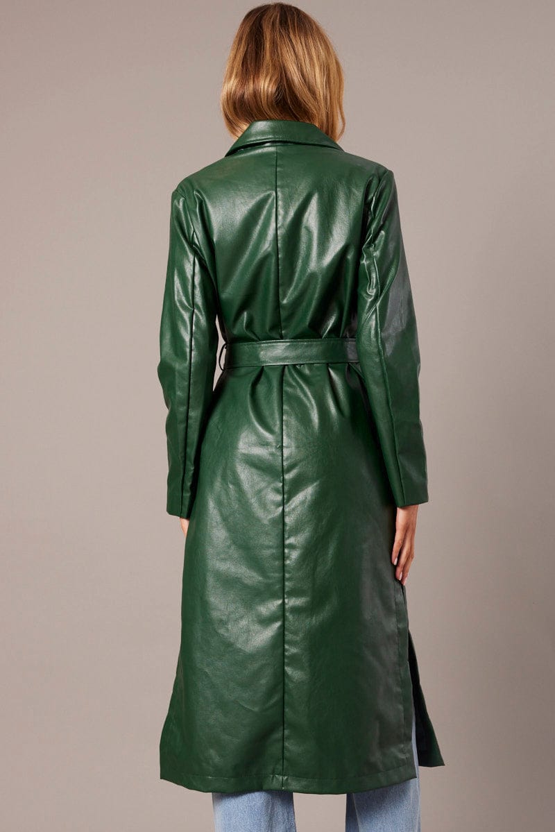 Green Trench Coat Long Sleeves Faux Leather Ally Fashion