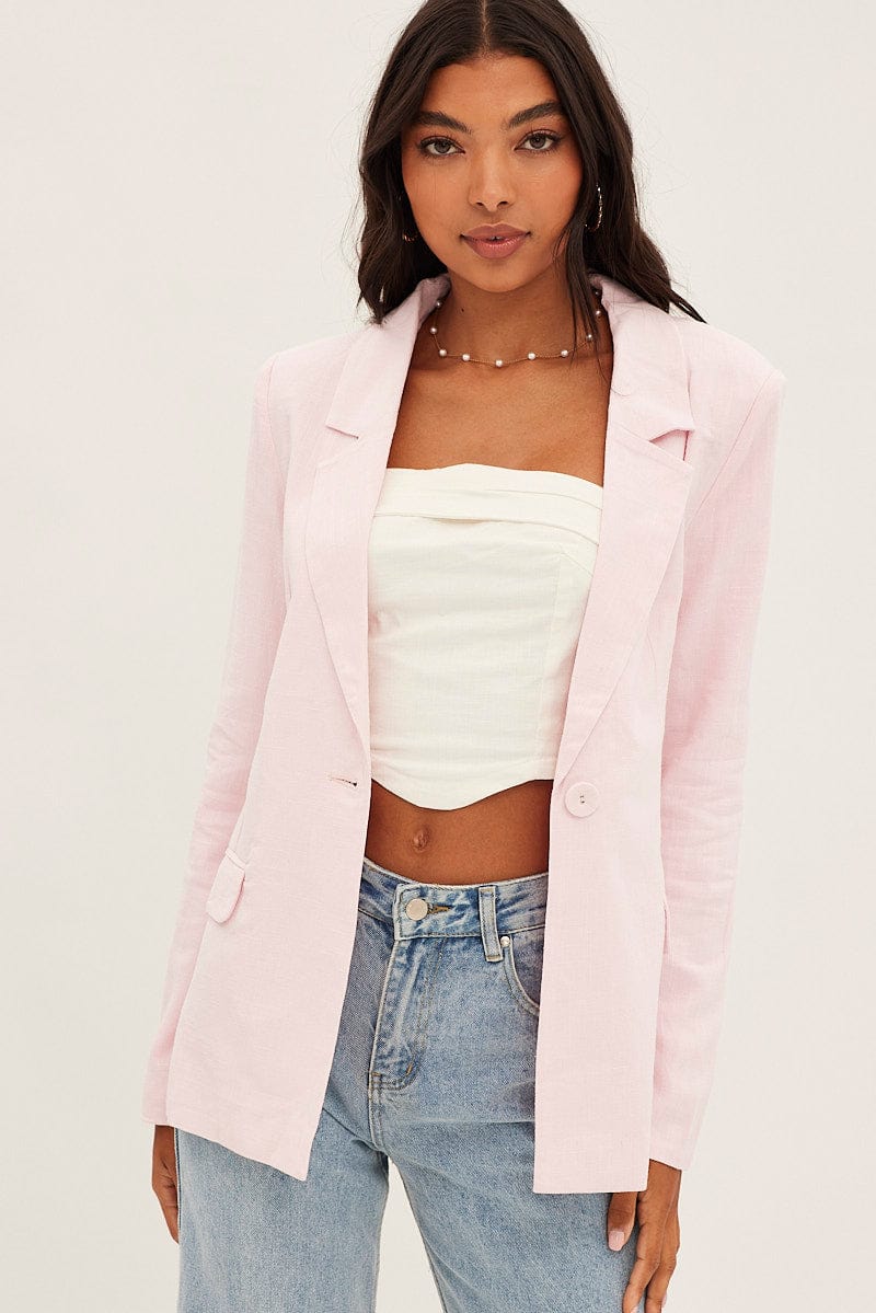 Pink Blazer Long Sleeve Single Breasted Linen Cotton for Ally Fashion