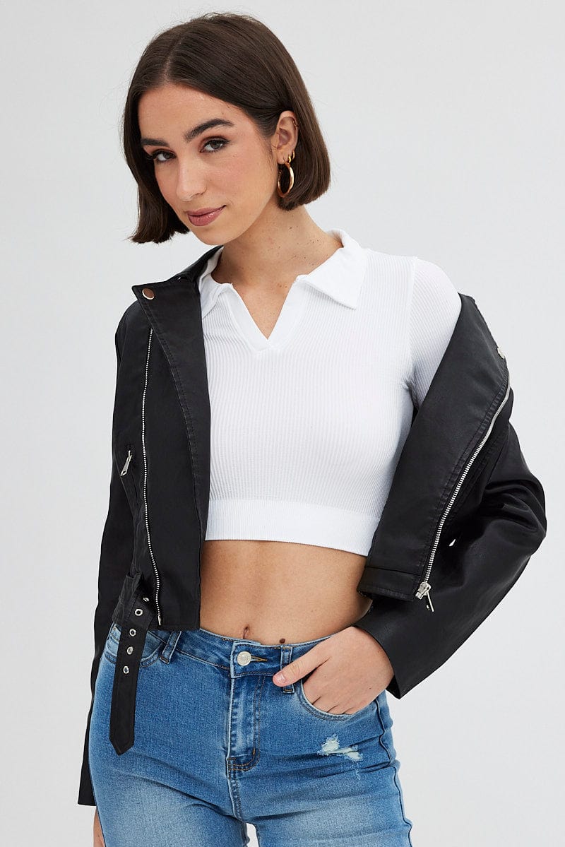 Black Faux Leather Biker Jacket Long Sleeves for Ally Fashion