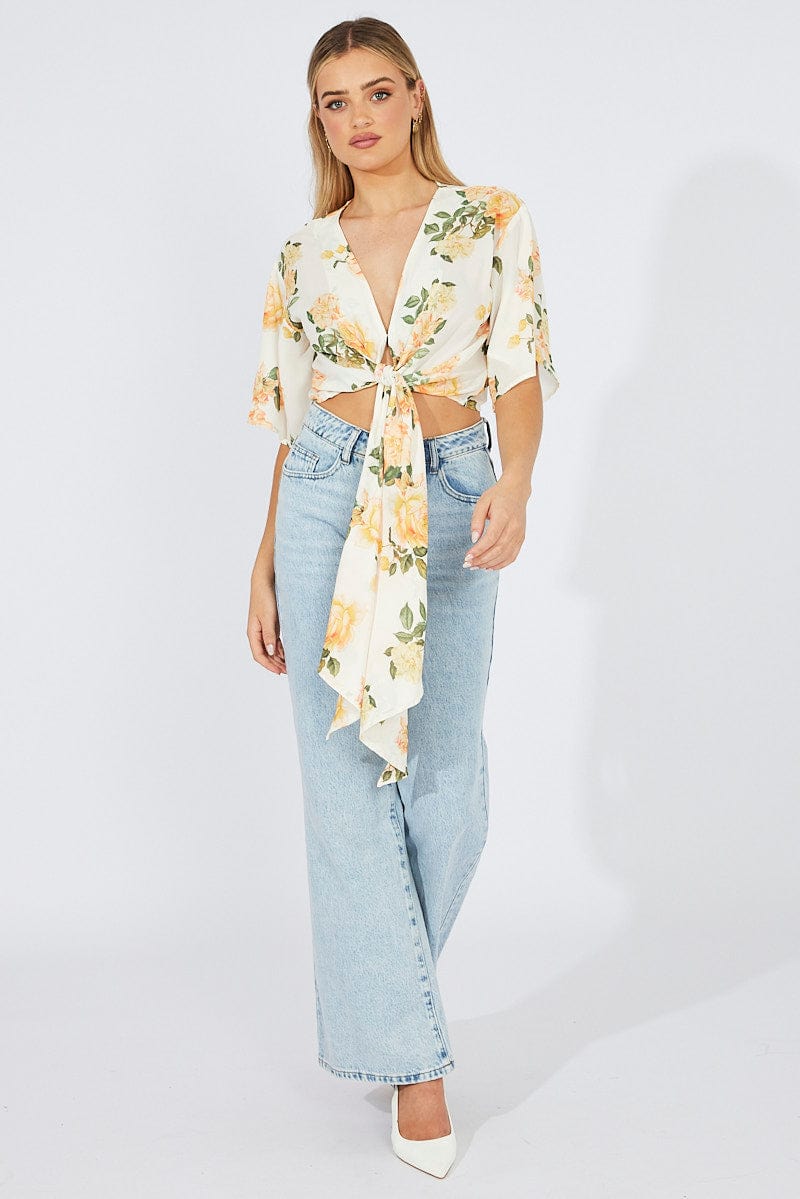 Yellow Floral Front Tie Bolero for Ally Fashion