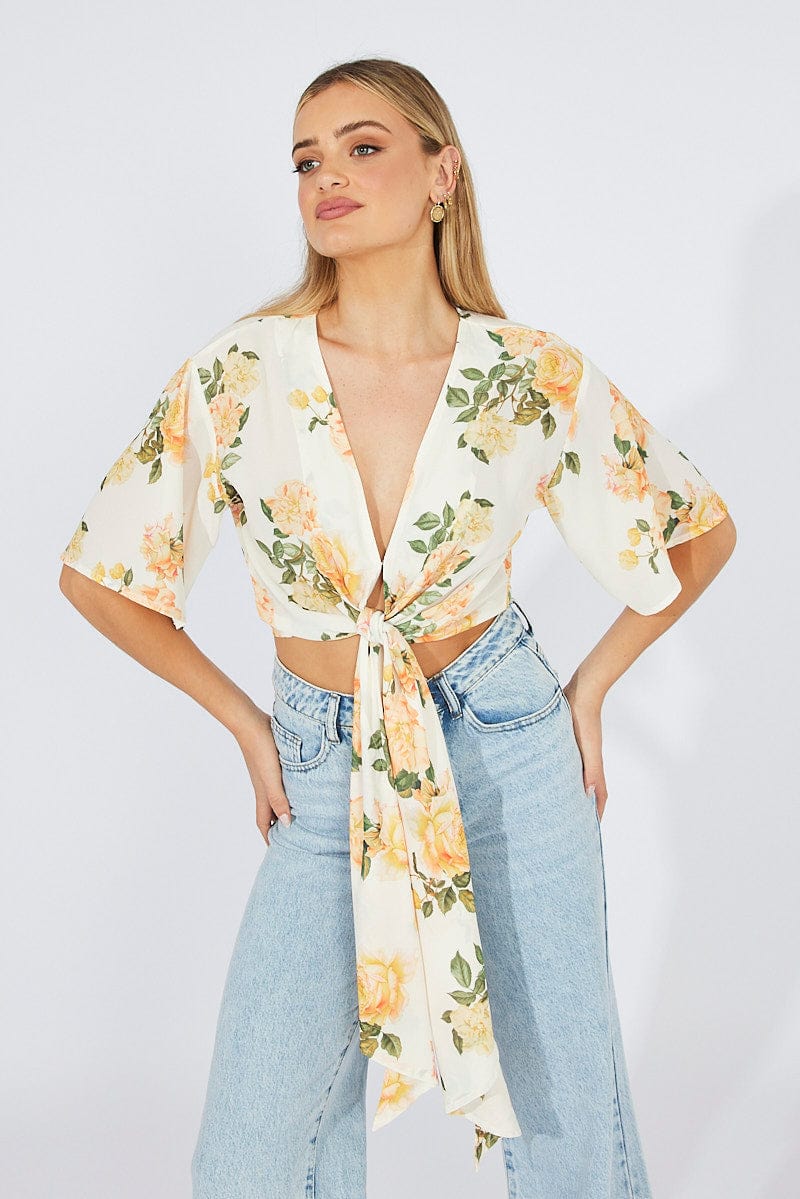 Yellow Floral Front Tie Bolero for Ally Fashion