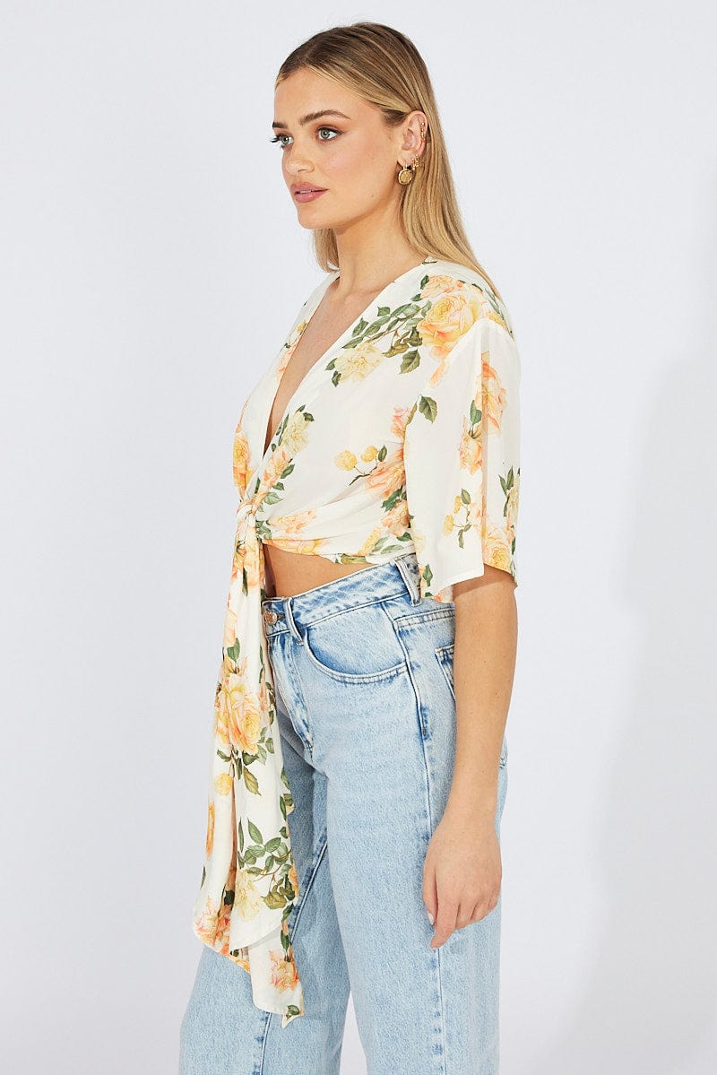 Yellow Floral Front Tie Bolero for Ally Fashion