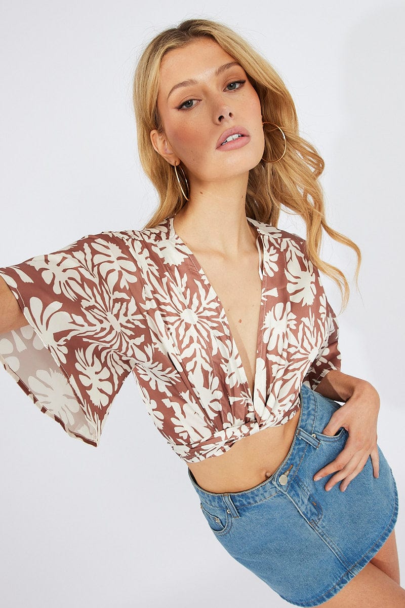 Beige Abstract Front Tie Bolero for Ally Fashion