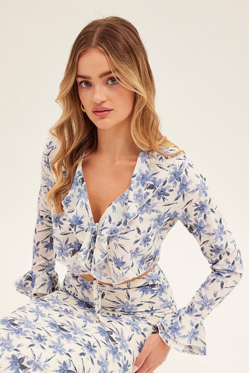 Blue Floral Tie Bolero Frill Top Floral Print for Ally Fashion