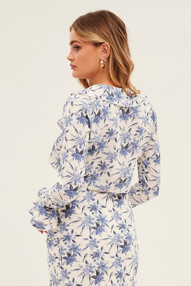 Blue Floral Tie Bolero Frill Top Floral Print for Ally Fashion