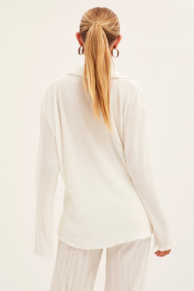 White Plisse Shirt Long Sleeve for Ally Fashion