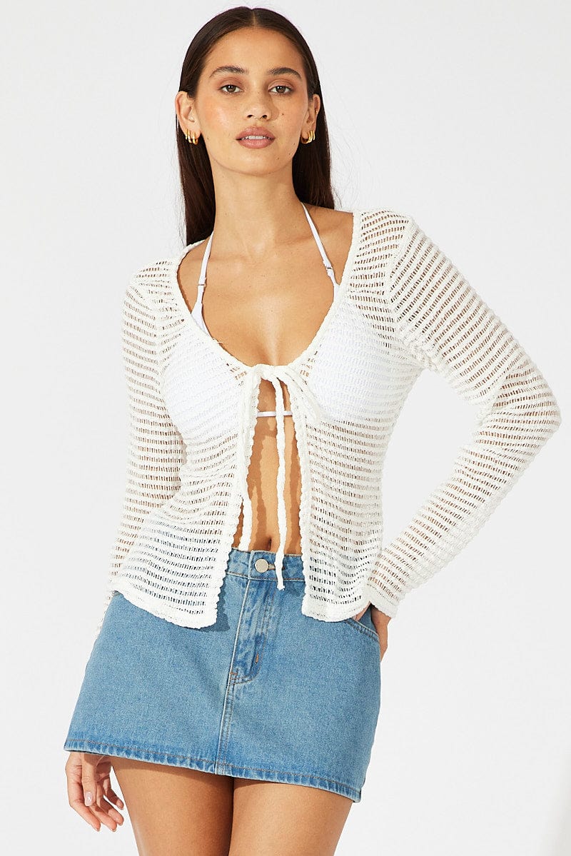 White Bolero Top Long Sleeve Front Tie for Ally Fashion