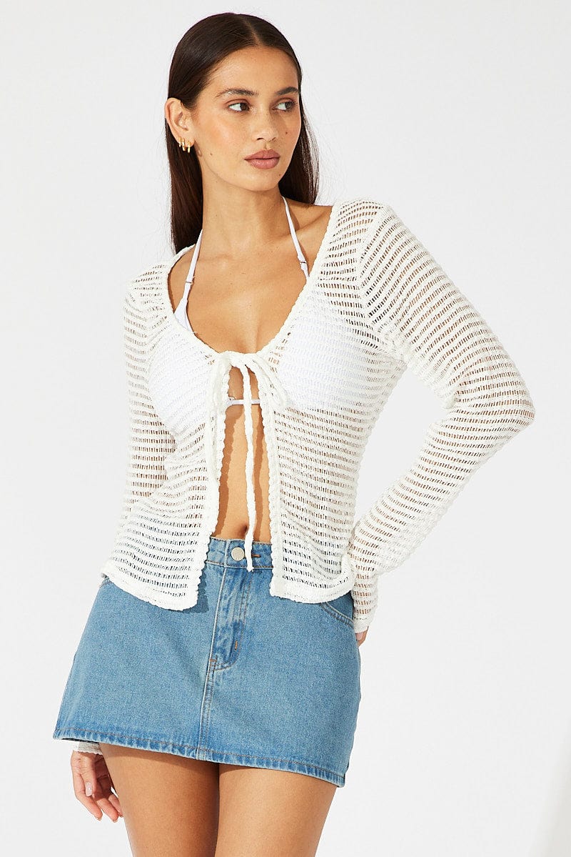 White Bolero Top Long Sleeve Front Tie for Ally Fashion