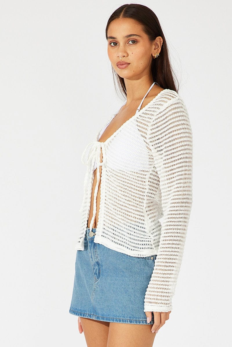 White Bolero Top Long Sleeve Front Tie for Ally Fashion