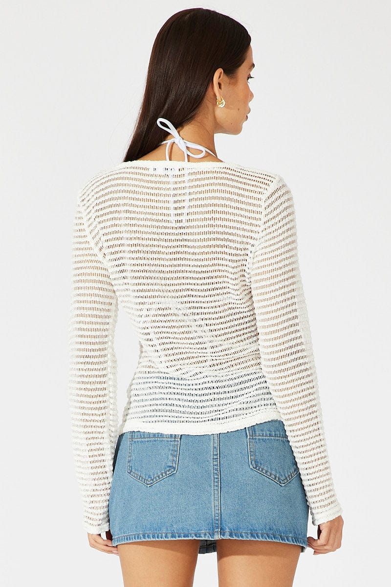 White Bolero Top Long Sleeve Front Tie for Ally Fashion