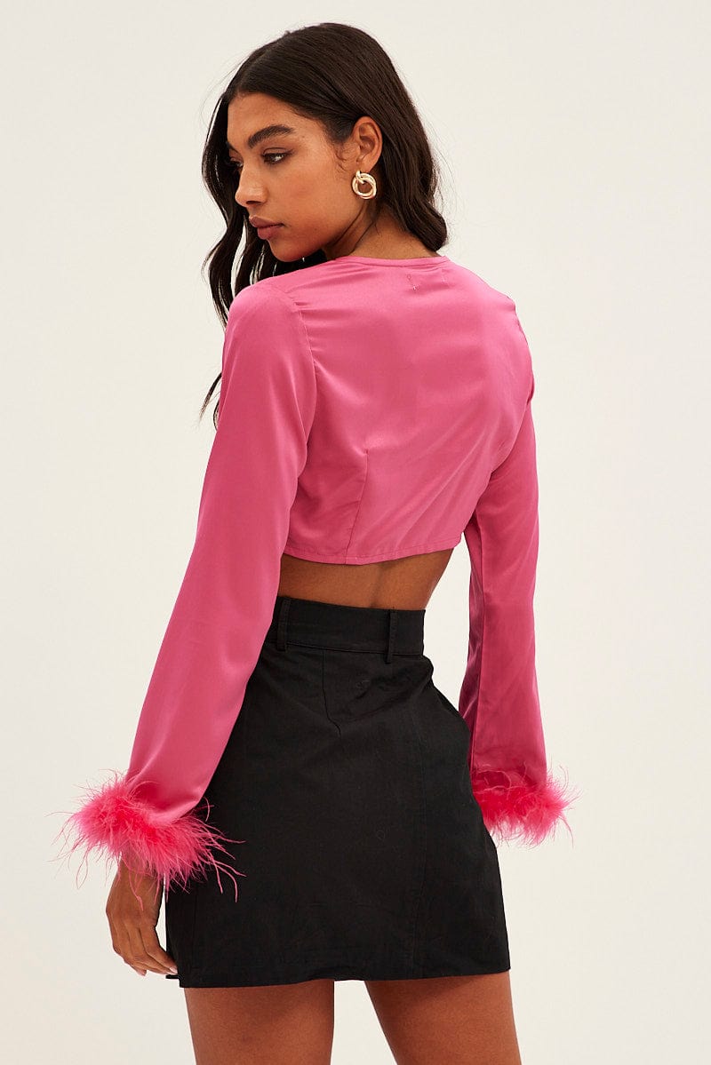 Pink Tie Front Feather Bolero V Neck Satin for Ally Fashion