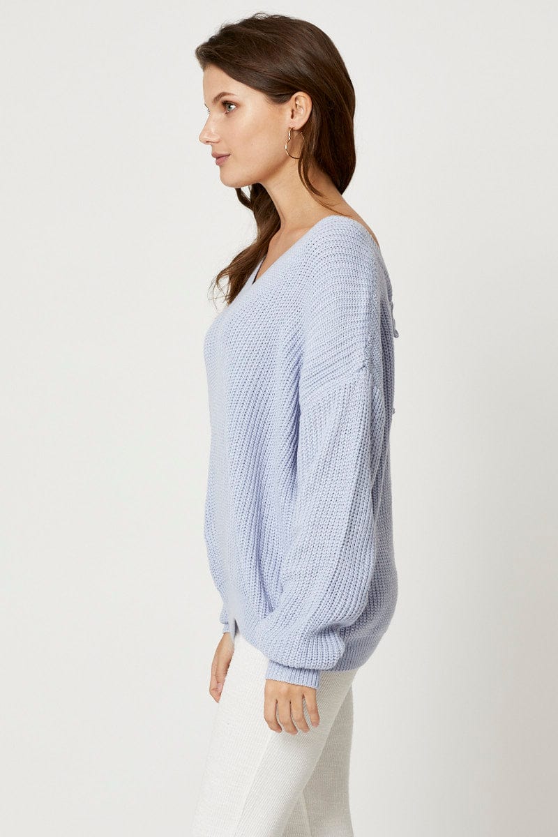 OVERSIZED KNITTED Blue V Neck Tie Back Knit for Women by Ally