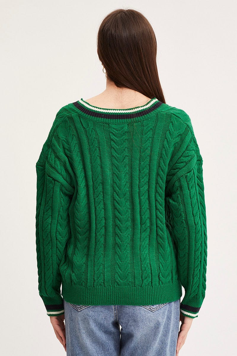 OVERSIZED KNITTED Green Knit Top Long Sleeve Oversized V-Neck for Women by Ally