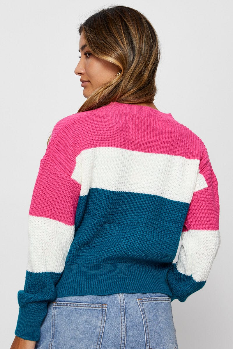 OVERSIZED KNITTED Stripe Knit Top Long Sleeve Round Neck Colour Block for Women by Ally