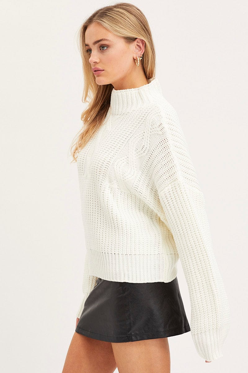 OVERSIZED KNITTED White Knit Top Long Sleeve Oversized Turtleneck Cable for Women by Ally