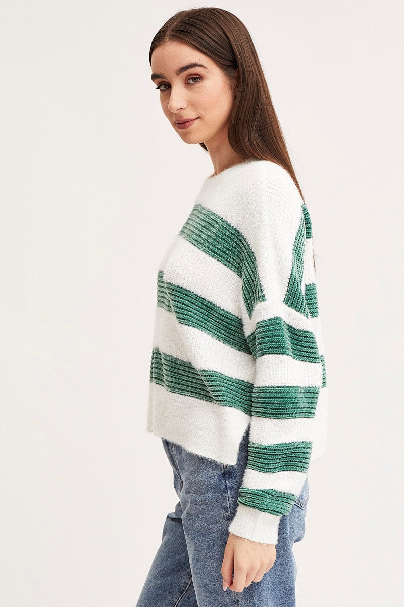 PANNEL DETAILED Stripe Knit Top Long Sleeve Colour Block for Women by Ally