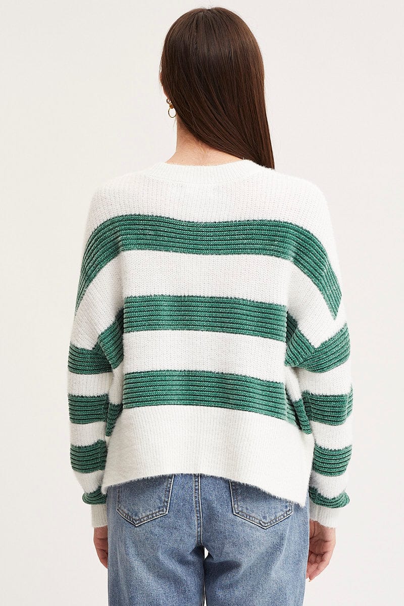 PANNEL DETAILED Stripe Knit Top Long Sleeve Colour Block for Women by Ally