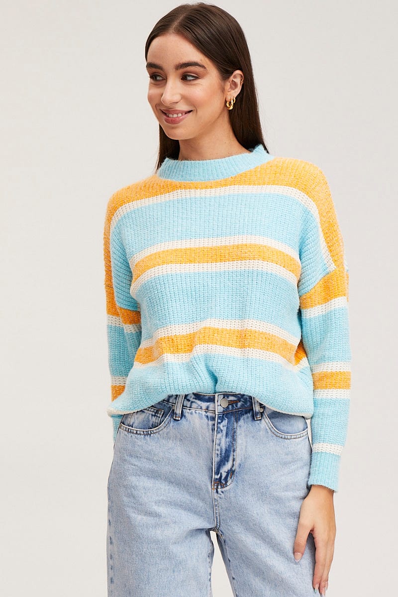 PANNEL DETAILED Stripe Knit Top Long Sleeve Relaxed Colour Block for Women by Ally